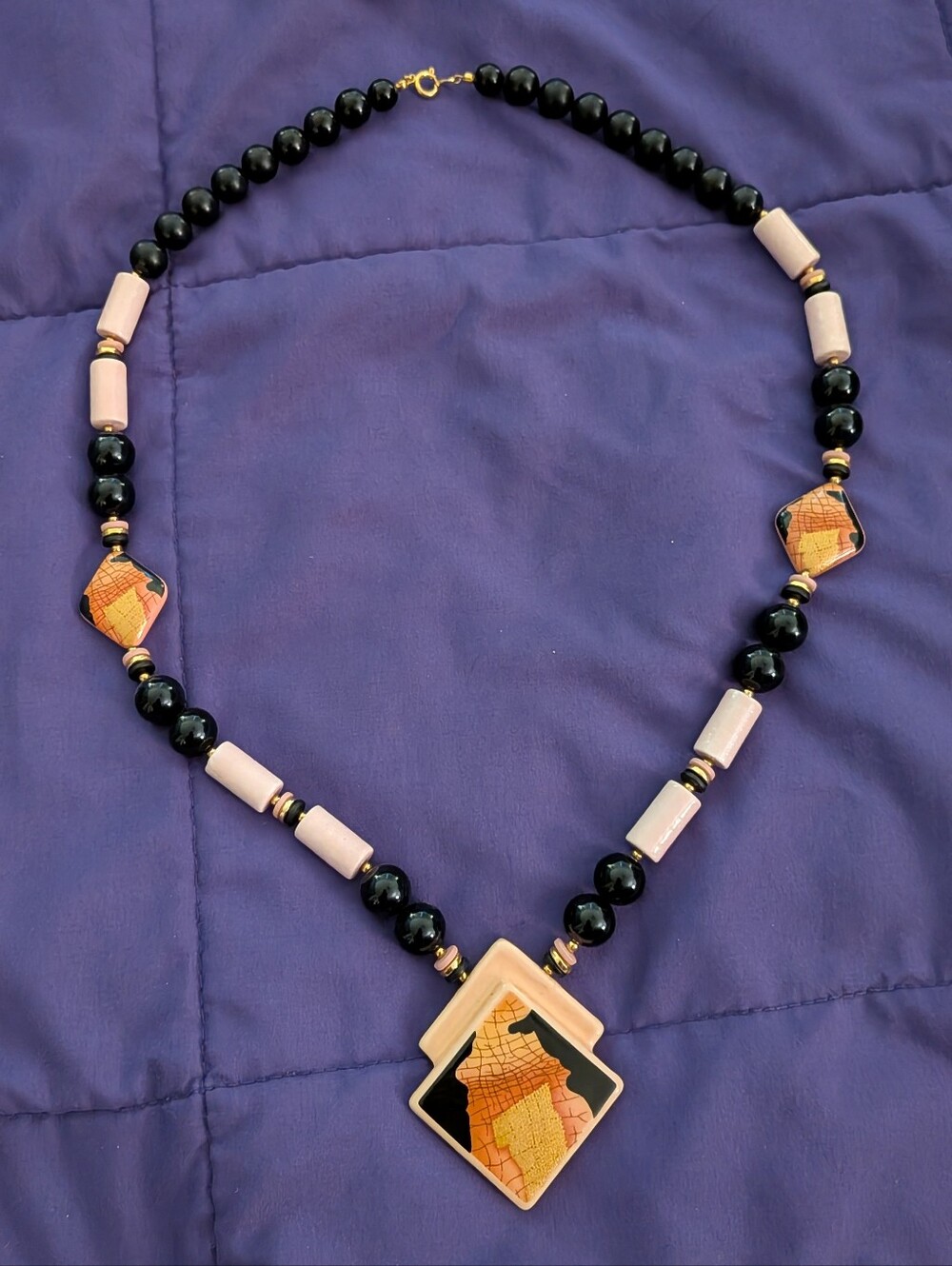 Vintage 1980s Japan Hand Painted Ceramic Geometric Statement Necklace